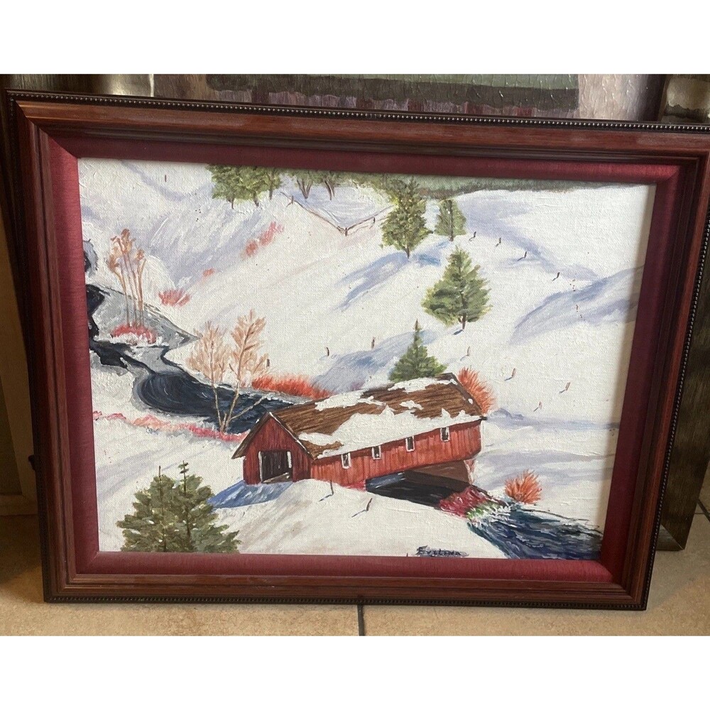 vintage framed folk art oil painting covered bridge in a snowy winter BY EVELINA